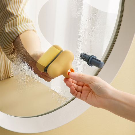 Spiegelabzieher aus TPR, klein, ergonomisch geformt, mit Saugnapfhaken für die Badreinigung, gelb (1/3)