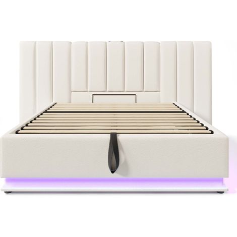 Letto contenitore 160x200 cm bianco con LED via app, USB-C, rete a doghe, PU (1/5)