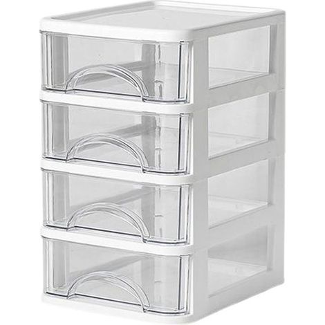 Boîte de rangement de cuisine en plastique transparent blanc, empilable et à quatre compartiments, avec tiroirs, idéale pour ranger le café, le thé, le sucre et la crème à café sur le plan de travail. (1/4)
