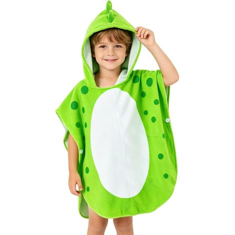 Serviette de Bain à Capuche pour Enfant, Poncho de Plage Doux et Absorbant avec Motif Dinosaure, 100% Coton Séchage Rapide (Vert B, 5-7 Ans, M) (1/5)