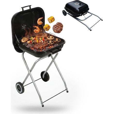 Portable Charcoal BBQ with Lid & Wheels, Black Steel (1/5)