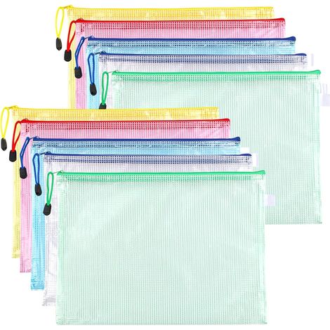 Lot de 10 pochettes A4 en 5 couleurs, compatibles avec documents, reçus, fournitures scolaires et accessoires de voyage. (1/5)