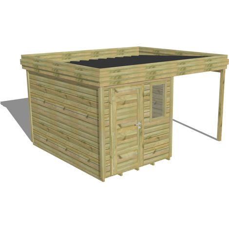 ABRI DE JARDIN bois Pin autoclave 27mm - 4,14x3,44m / 14,2m2 - Bac acier - Plancher bois (1/5)