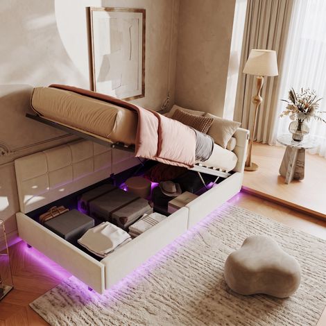Superaly Lit coffre 90x200cm, Lit coffre hydraulique, Canapé-lit convertible, Tête de lit capitonné en forme de L, Éclairage LED, Port USB, Sommier à lattes, Lit enfant, Velours, Beige (1/5)