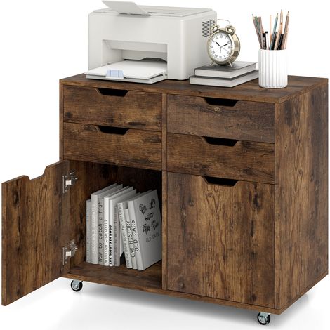 COSTWAY 4 Drawer Dresser Chest Mobile Storage Cabinet w/Universal Wheels-Brown (1/5)