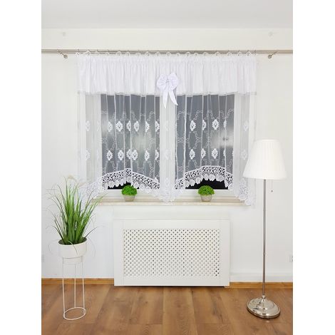 Rideau prêt à poser en marquise de 300 x 160 cm avec dentelle guipure blanche (1/5)