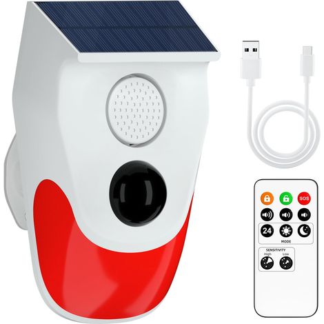 Alarme solaire extérieure avec capteur infrarouge, sirène 120 dB, télécommande RF, portée 6 m, angle 110°, IP67, recharge USB-C, pour jardin, garage et cour (1/5)