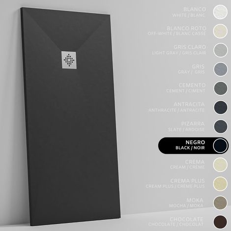 SOULBATH Plato de Ducha - Resina - Gel Coat - Textura Liso/Piedra - Antideslizante - Color Negro - 60X60- Extraplano 3cm - Incluye Válvula desagüe y Rejilla. Standard (1/5)