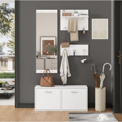 Garderobe d’entrée 4 pièces avec miroir, meuble à chaussures 90 x 30 x 41,5 cm, blanc REDOM (1/5)
