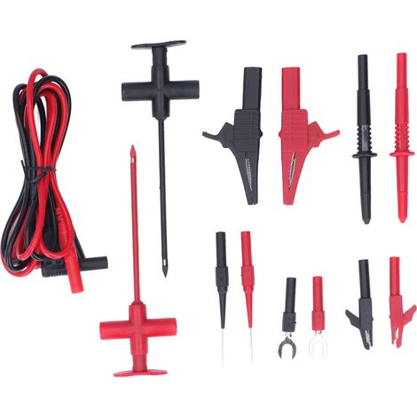 Kit de fils de test multimètre JT8001-2 laiton PVC PA avec pinces crocodiles, fiches banane, sondes perçantes et fourches en U, 30VAC-60VDC 19A, pour industrie électronique auto (1/5)