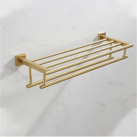Sèche-serviettes mural 2 niveaux en inox 304 finition dorée brossée 50 cm, support linge et serviettes pour salle de bain (1/5)