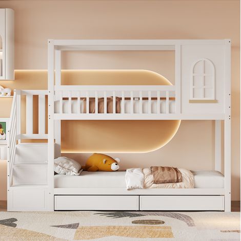 Kinderbett Etagenbett 90x200 mit Stauraum Holz Weiß OKMYHOME (1/5)