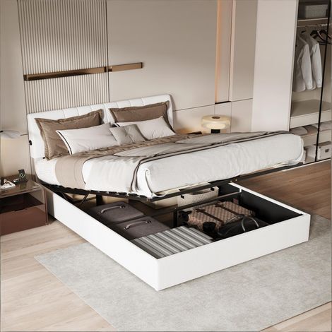 Letto contenitore una piazza e mezza 140x200 cm con archiviazione e porte USB, struttura con testiera capitonata, rete in legno, velluto teddy bianco