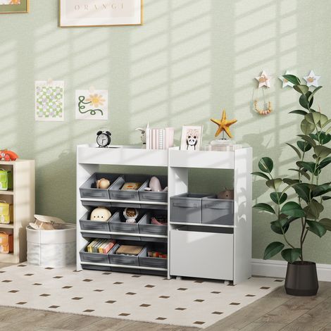 Estantería infantil para juguetes o libros con 11 cajas de almacenamiento de tela no tejida, 105 x 30 x 80 cm, blanca.