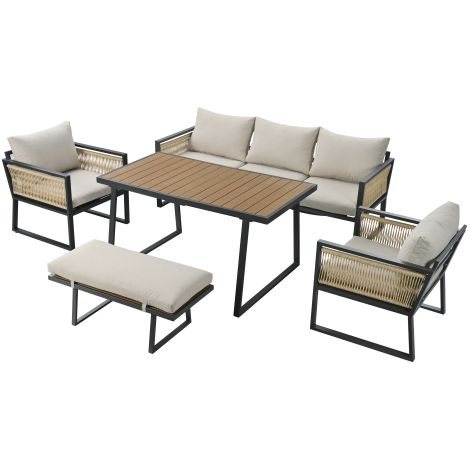 Salon de Jardin Encastrable 5 Pcs Canapé 3 Places 2 Fauteuils Table Basse Bois Plastique Accoudoirs Corde Tressée Acier Galvanisé Beige (1/5)