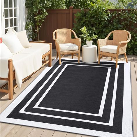 Tapis d'extérieur résistant aux intempéries, paille en plastique, résistant aux UV, réversible, pliable, lavable, pour balcon, jardin, terrasse, camping, pique-nique, 150 x 240 cm, noir et (1/5)