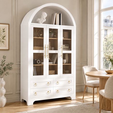 Buffet vitrine 110x40x185 cm en MDF blanc avec rangement pour salon FloraGrace