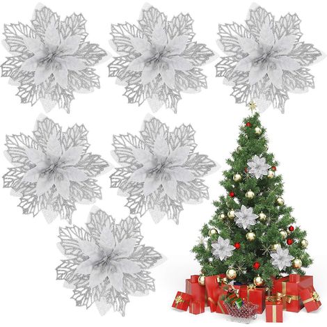 Lot de 6 fleurs artificielles pour sapin de Noël, décorations en plastique-14X14X3CM-Silver (1/3)