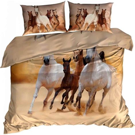 Linge de lit en satin de coton 3D 160x200 cm, motifs chevaux arabes (1/3)