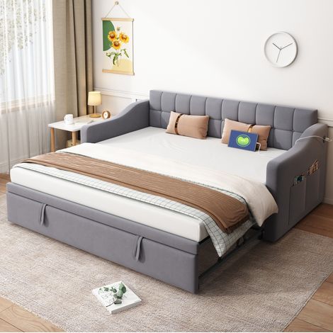 Divano letto 90x190 cm con letto aggiuntivo 90x190 cm, presa di ricarica e tasca portaoggetti, rivestimento in velluto, senza materasso, grigio (1/5)