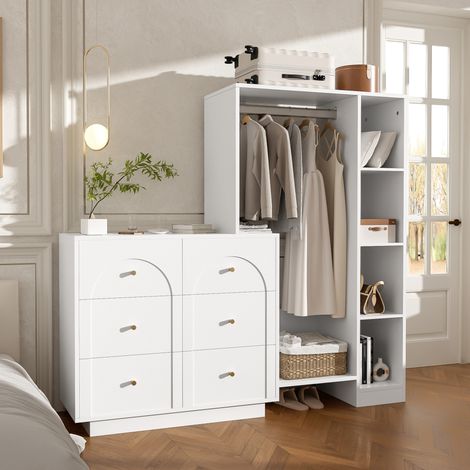 Armario blanco de 139x35x133 cm con 6 cajones, barra para colgar ropa abierta y estantes laterales (1/5)
