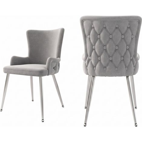 FurnitureR Dining Chairs Set of 2, Grey Velvet Upholstered Dining Chairs with Silver Metal Legs & Wingback Armrests, Modern Kitchen Chairs for Dining Room Bedroom Vanity, Grey
