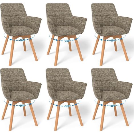 6er Set Drehstühle mit Armlehnen, 360° drehbar, Holzbeine, Samtstoff, Braun (1/5)