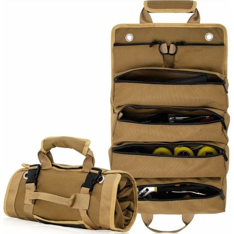 Sac à outils enroulable en toile robuste pour mécaniciens, électriciens, motocyclistes et chauffeurs routiers (kaki) (1/5)