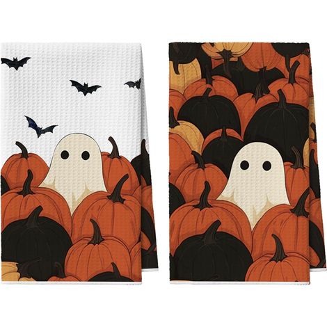 Lot 2 Torchons de Cuisine Halloween Citrouilles Fantôme 42x65cm (1/5)