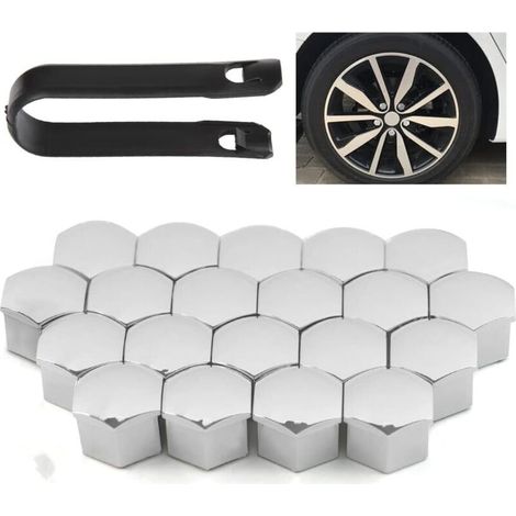 20 cache-écrous de roue argentés, anti-poussière, finition chromée hexagonale (1/5)