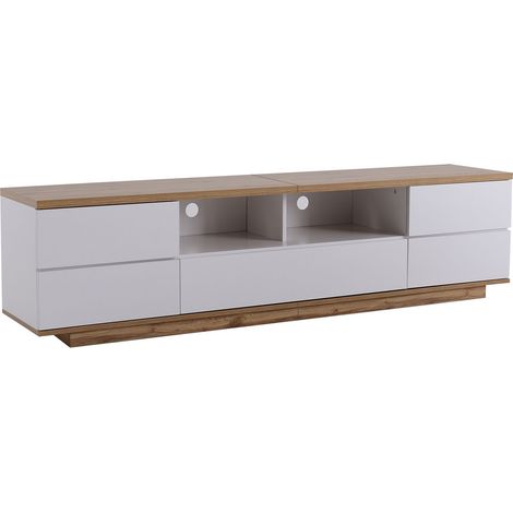 TV-Lowboard mit 5 Türen und 2 offenen Fächern, Gitterfronten, Modernes Design, 180×46×38 cm, aus MDF, Weiß (1/5)