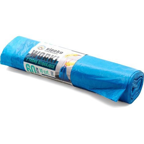 Sacchi per rifiuti da 60 litri, blu, in LDPE, confezione da 10 pezzi con nastro adesivo.