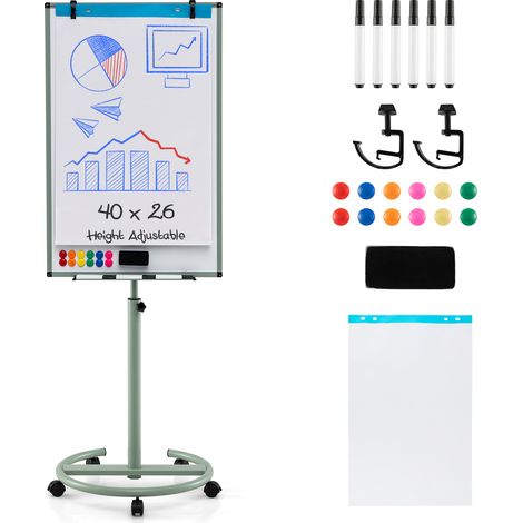 Tableau Blanc Effacable sur Pied, 100 x 65 cm, Hauteur Réglable 132-192 cm, Support Sur Roulettes, Cadre en Alu, Vert (1/5)