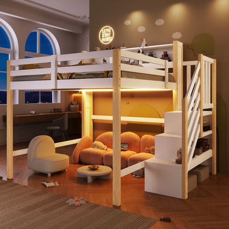 Cama alta doble 140x200, cama con escalera de almacenaje, gran compartimento bajo la cama, luz LED incorporada, sin colchón, color blanco y madera natural (1/5)