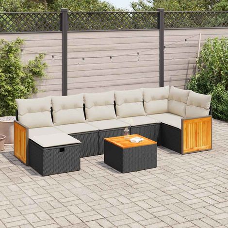 Salon de Jardin 8 Places en Résine Tressée Noir avec Coussins Crème - Ensemble Canapé d'Extérieur avec Table et Pouf de Rangement (1/5)