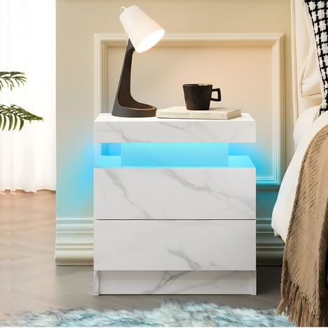 Comodino bianco opaco in legno ingegnerizzato con 2 cassetti e luci LED regolabili (1/5)