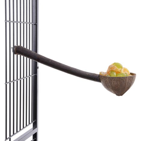 Percha con cuenco de coco para todos los loros.