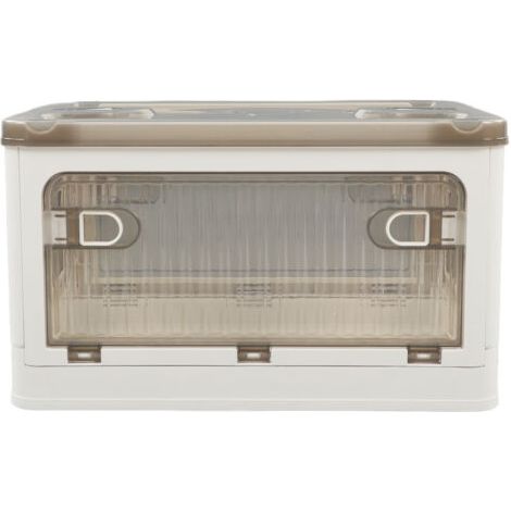 Boîte de rangement pliable en plastique – Petit format – Porte latérale – Transparent – Blanc – Roulettes amovibles (1/5)