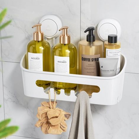 Panier de rangement à ventouse pour salle de bain, blanc, 271019,6 cm, 1 pièce, étagère de rangement pour salle de bain et cuisine. (1/5)