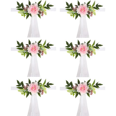 Set mit 6 Stuhldekorationen für Hochzeiten, verziert mit künstlichen Blumen und rosa Blättern.