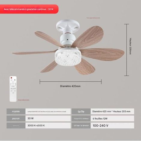 Ventilatore illuminato, sei pale, 30W, 42cm, pale effetto legno, copertura in cristallo con portalampada (1/5)