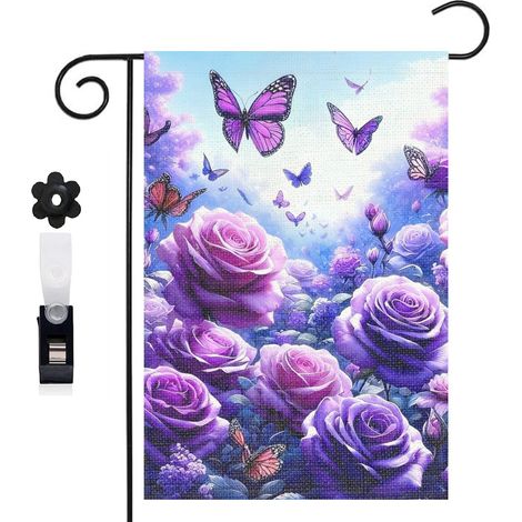 Bannière de cour Welcome et champ de roses violettes 30 x 45 cm décoration porche et maison (1/5)