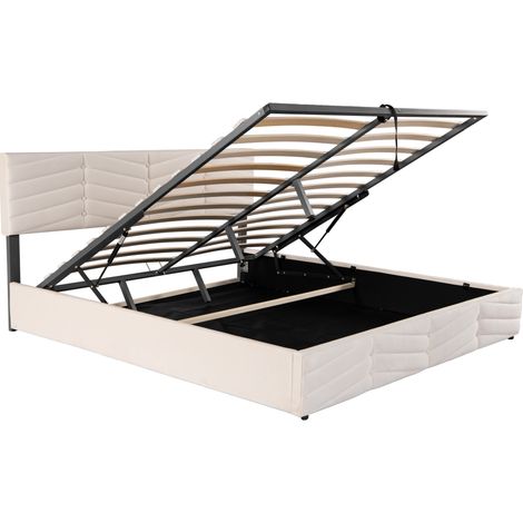 Lit coffre double 160 x 200 cm en velours beige, tête de lit réglable, MODENUIT (1/5)