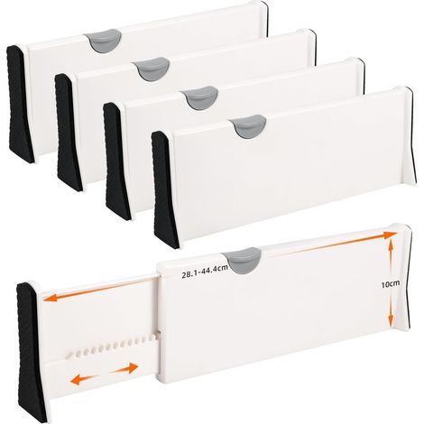 Lot de 4 séparateurs de tiroir réglables pour vêtements, commode, salle de bain, cuisine, armoire, bureau, blanc 28 à 44 cm (1/5)