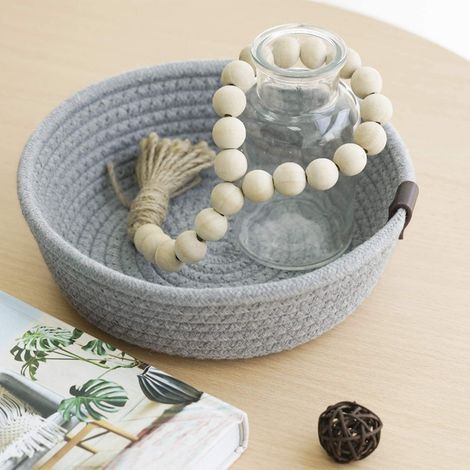 Ensemble de 3 paniers de rangement ronds en corde de coton tressée, gris, pour le rangement de bureau.