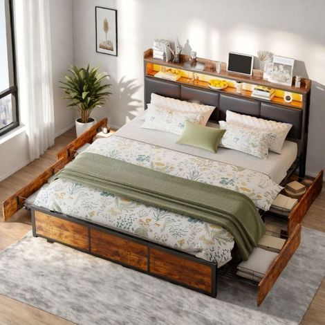Bettgestell 160x200 cm aus Metall, Erwachsenenschlafzimmerbett 160x200 cm, Bett 160x200 cm mit 4 Schubladen und LED, PU, Lattenrost, Braun und Schwarz