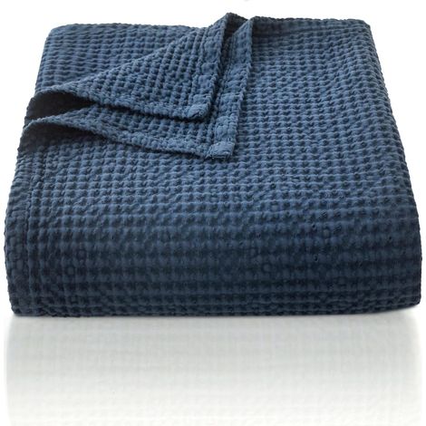 Couvre-lit 220 x 240 cm - 100% coton - Couvre-lit en piqué gaufré - Motif gaufré - Couverture légère - Couvre-lit pour canapé, banquette ou salon - Couverture douce et moelleuse - Marine (1/5)