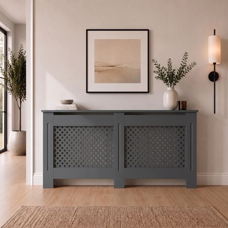 Radiator Cover Extra Large Anthracite Grey Traditional Cross Slat MDF Cabinet with Display Shelf 1720x815x190mm (1/5)