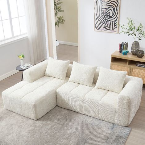 Modernes L-Sofa 3-Sitzer-Sofa Chenille Beige mit Chaiselongue und Seitentasche (1/5)
