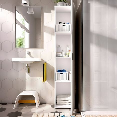 Dmora - Columna de baño Lagalb, Mueble alto de baño, Armario alto multiusos 1 puerta, 39x35h190 cm, Blanco (1/5)